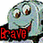 Animated cartoon character with light blue skin, large brown eyes, and a wide red mouth smiling, with text changing from 'Brave' to 'Little' to 'Toasters' below.