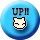 Two side-by-side animated frames of a blue circular AIM buddy icon featuring "UPH" text and a pixelated cat face, with the left frame showing dark brown text and the right frame showing red text.