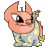 Pixelated cartoon character with peach skin, large ears, and a blue-yellow patterned outfit in two poses: one with open eye and raised arm, the other with closed eyes and lowered arm.