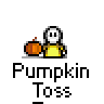 Animated contact sheet of a 13-frame pumpkin toss animation featuring a yellow stick figure character with white head and black eyes, holding or tossing orange pumpkins against a gray background.