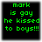 Four identical pixelated green text on black background with gray border, each displaying 'mark is gay he kissed to boys!!!'
