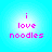 Four identical pixelated text icons arranged in a on a light blue gradient background, each displaying 'i love noodles' in bright pink lowercase letters