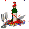 Green bottle with red ribbon, two champagne flutes, and scattered confetti on white background with star-shaped particles.