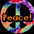 A four- pixel art composition with text overlays: a rainbow peace symbol, floating hearts, and patterned backgrounds