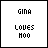 Animated pixel art displays 'GINA LOVES HOO' text with color variations and small green accents across frames.