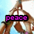 Animated icon shows hands forming a peace sign with a blue sky background; the word 'peace' appears in pink text on a black rectangle in the first frame.