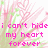 Pixelated image with pink text reading 'i can't hide my heart forever' over a soft pink and green floral background.