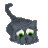 Gray cat head with green eyes and white pupils, tail curled upward in three distinct poses across a