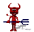 Red devil character with horns and pitchfork in six pixelated poses showing varied facial expressions and slight body shifts.