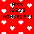 Red background with white pixelated hearts and repeated text elements showing name, number sequence, and exclamation marks in varying configurations.