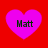 Four pink heart shapes on a red background, each containing the text "Matt" in black pixelated font.