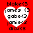Red background with four identical white heart-shaped icons containing black text listing names and '3' symbols.