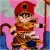 Pixelated character with red cap, brown hair, and brown outfit holding a dark object against pink and blue background.