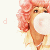 repeated cartoon-style character icons with pink curly hair, bubblegum in mouth, and partial text fragments scattered around
