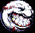 A circular pixelated icon with a white face, red stitching details, and dark curved lines forming expressions against black backgrounds.