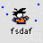 Pixelated character with spiky black hair and orange shirt, blue pants, white eyes, surrounded by blue and white particles, text 'fsdaf' below.