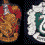 Pixelated icon set with four distinct sections: two brown-and-red heraldic shields, a green and white serpent emblem, and two human portraits.