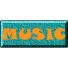 Animated sequence of musical note icons with changing colors and particle effects on a gray background, featuring 'MUSIC' text banners at the top.