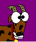 Pixelated cartoon goat with brown spotted fur, green horns, and a red collar against purple background; eyes shift between wide open and squinted expressions.