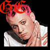 Four static display individuals with distinct hairstyles and clothing, overlaid with red 'GC' text on black or white backgrounds