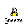 Animated contact sheet of a pixel art sneezing character with green particle effects across 14 frames on gray background