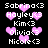 Pixelated text lists names with heart symbols on black background, showing animation changes in heart size and position across frames.