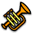 Pixelated icon of a brass instrument with orange and yellow tones, black outlines, and visible valves on a white background.