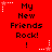 Red background with repeated text "My New Friends Rock!" in black pixelated font, surrounded by white and pink star-shaped pixel decorations.