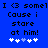 Blue background with black pixelated text reading "I <3 some! I <3 some! Cause i stare at him!" and white plus symbols below.