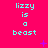 Cyan text "lizzy is a beast" repeated in three on bright pink background with scattered purple and blue pixel stars