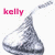 Pixelated icon shows pink text 'kelly' above a gray Hershey's Kiss-shaped object with white highlights on a white background.