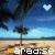 Pixelated beach scene with palm trees and blue sky, featuring 'paradise' text and heart symbols changing color between light blue and orange.