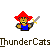 Pixelated character with red hair, blue shirt, and sword on gray background; text below reads "ThunderCats".