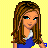 Pixel art contact sheet of a cheerleader character in blue and yellow uniform with text elements on yellow background