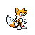 Pixel art fox character with orange fur, white chest and tail tip, blue eyes, red shoes; multiple poses including standing, running, flying, and mid-action with motion lines.