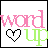 nine pixelated icons featuring 'word up' text with a heart symbol, each icon displaying distinct color variations across the letters and heart