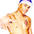 Static pixelated image of a shirtless person with light brown hair wearing a blue-and-white headband, holding a white dog in their arms against a plain background.