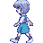Pixel art contact sheet showing 8 sequential frames of a blue-haired anime-style character walking in a school uniform against a gray background.