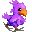 A 4-frame pixel art animation of a purple bird mascot with orange beak and brown feet, displayed in a 2x2 contact sheet on gray background.