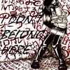 A stylized figure in dynamic pose with a microphone, surrounded by repeated text elements in red and black on a white background.