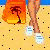 Pixelated summer-themed icon showing beach scene, person in shorts with tree graphic, and woman with hoop earrings on blue background.