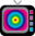 Two pixelated television sets with black frames and gray antennas display a rainbow color test pattern on the left screen and pink text on the right screen.