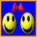 Two yellow smiley faces with a red bow on the left face, next to blue background with yellow text reading "smile for love" in pixelated font.
