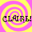 Four identical display 'CLAIRE!' text over pink and yellow spiral backgrounds with pixelated edges