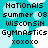 Pixelated text on a cyan background with white bubble shapes, displaying 'NatiOnAlS summer 08 WisconSiH GyMnAsTiCs xoxoxo' in two identical vertical