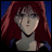 A 48x48 pixel buddy icon featuring a split composition with an anime-style character on the left and stylized text on the right against a black background.