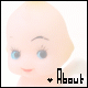 Pixelated doll avatar with light skin, blue eyes, and a small smile; left side shows a star symbol next to 'About' text, right side shows 'About' text alone.