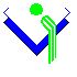 16 pixel-art figures with blue V-shaped bodies, green or cyan arms, and green or blue circular heads, arranged in four of four