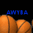 Blue pixelated text 'AWYBA' appears above orange basketballs on a black background.