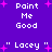 Purple background with white pixelated text "Point Me Good" and "Lacey" in quotation marks, surrounded by pink star shapes.